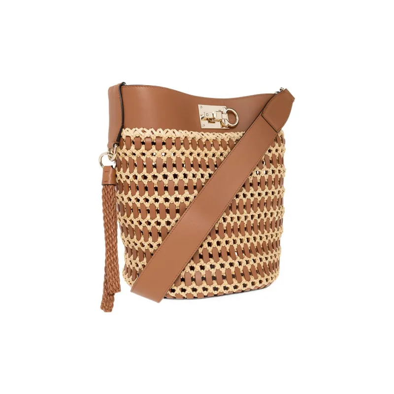 FERRAGAMO Studio Cow Leather With Leaf Fiber Bucket Bags Crossbody Bag Shoulder Bag Women's Brown-1