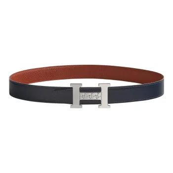 HERMES 5382 Gourmette Silver Buckle Togo Calfskin Double-Sided Leather Belt Unisex Marine Blue/Burnt Red Width: 3.2cm