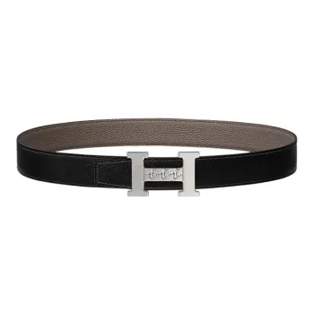HERMES 5382 Gourmette Silver Buckle Togo Calfskin Double-Sided Leather Belt Unisex Tin Gray/Black Width: 3.2cm