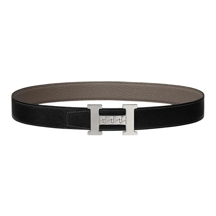 HERMES Togo 5382 Gourmette Silver Buckle Togo Calfskin Double Sided Leather Belt Unisex Tin Gray/Black Width 3.2cm-0