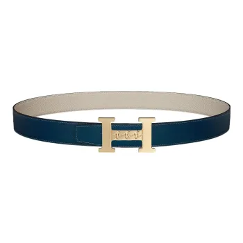 HERMES 5382 Gourmette Gold Buckle Epsom Calfskin Belt Unisex Prussian Blue/Chalk White Width: 3.2cm