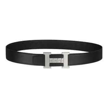 HERMES 5382 Gourmette Silver Buckle Epsom Calfskin Double-Sided Leather Belt Unisex Black/Black Width: 3.2cm