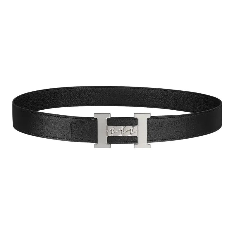 HERMES 5382 Gourmette Silver Buckle Epsom Calfskin Double-Sided Leather Belt Unisex Black/Black Width: 3.2cm-0