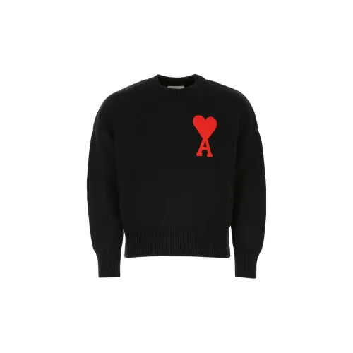 AMI Men’s FW21 Logo Embroidery Printing Round Neck Sweater Black Male