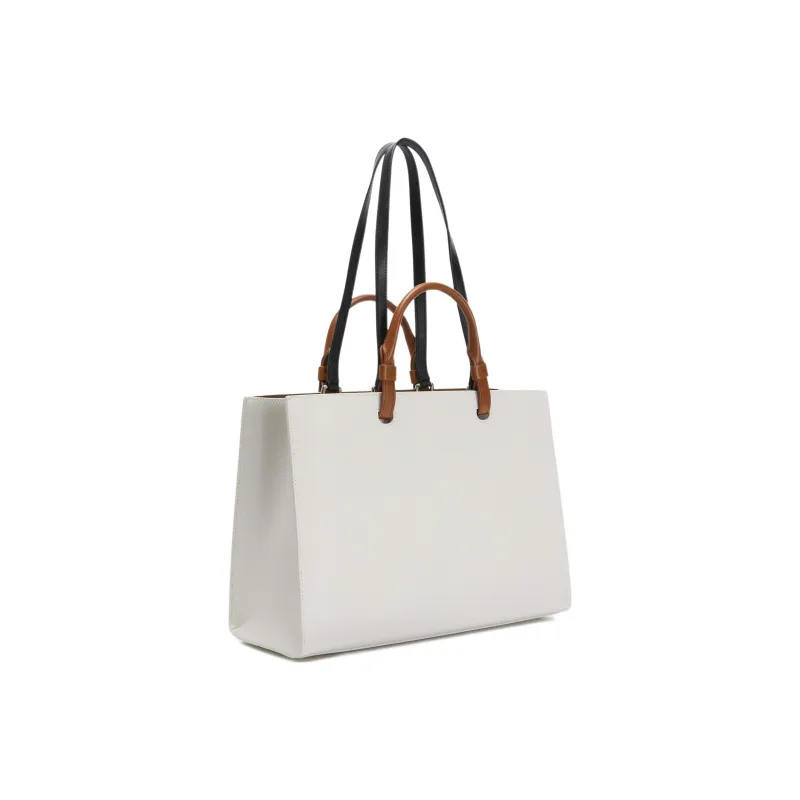 Furla Varsity Style Grain Texture Leather Tote Bag Shopping Bag Shoulder Bag Handbag Large Size Women's White & Black-2