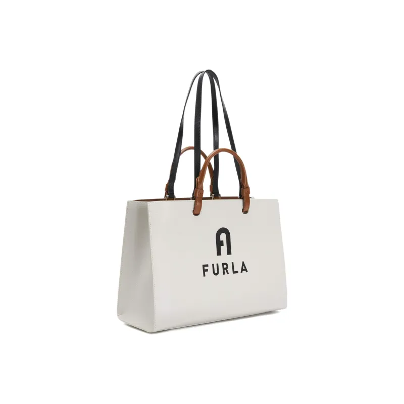 Furla Varsity Style Grain Texture Leather Tote Bag Shopping Bag Shoulder Bag Handbag Large Size Women's White & Black-1