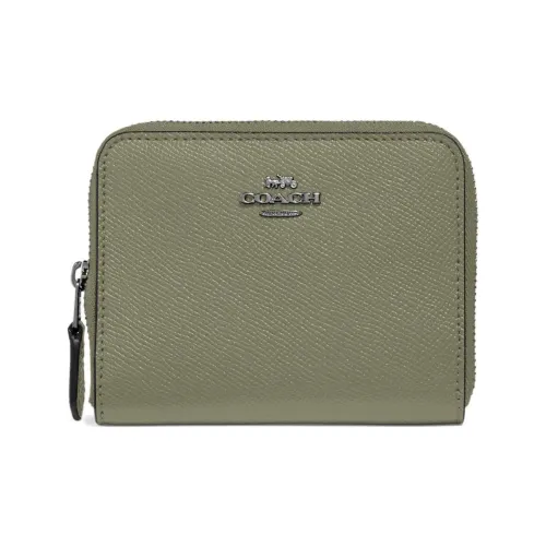 COACH Zip Around Twill Leather Card Holder Wallet Women's Light Rattan Green