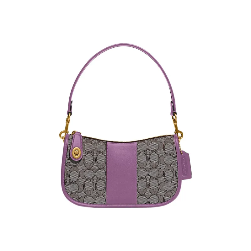 COACH Swinger Jacquard Gloves Tanned Leather Shoulder Bag Crossbody Bag Handbag Medium Size Women's Gray & Purple-0
