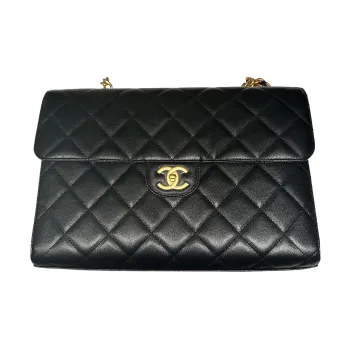 CHANEL Gold Metal Grain Calfskin Evening Bag, Shoulder Bag, Crossbody Bag Tubas Women's Black