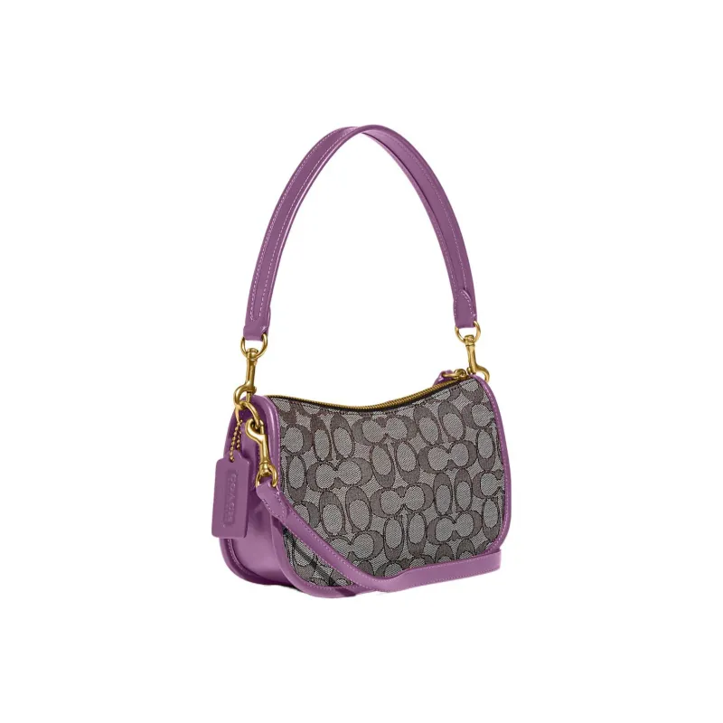 COACH Swinger Jacquard Gloves Tanned Leather Shoulder Bag Crossbody Bag Handbag Medium Size Women's Gray & Purple-1