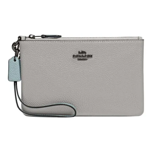 COACH Wristlet Polished Grained Leather Wrist Bags Clutches Small Size Women's Gray