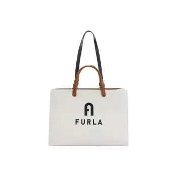 Furla Varsity Style Grain Texture Leather Tote Bag Shopping Bag Shoulder Bag Handbag Large Size Women's White & Black