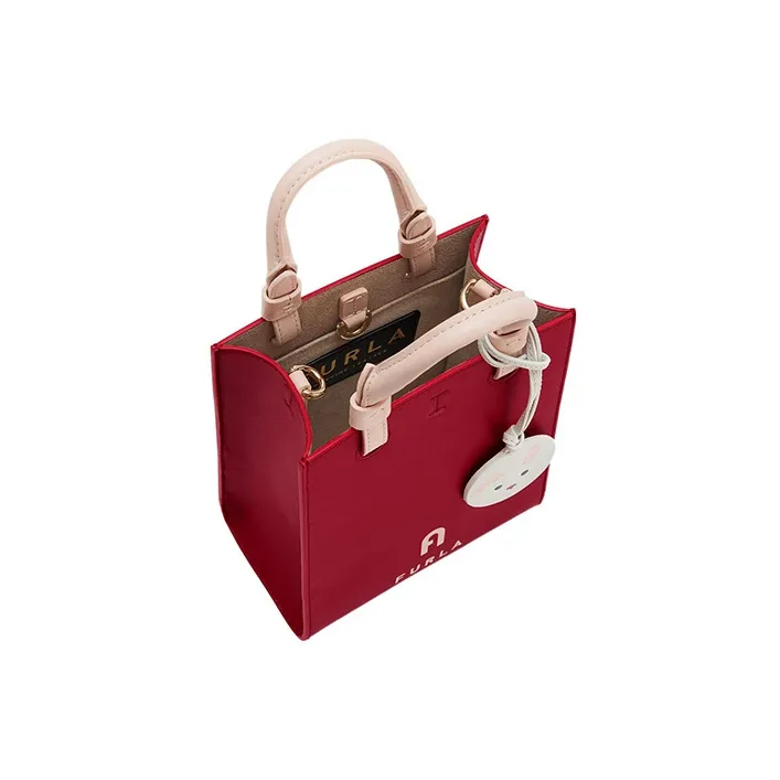 Furla Varsity Style Calfskin Tote Bag Shopping Bag Shoulder Bag Crossbody Bag Handbag Mini Women's Red-3