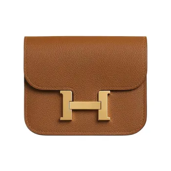 HERMES Constance Slim Evercolor Calfskin Card Holder Coin Purse Fanny Pack Women's Gold Brown/Bubble Green