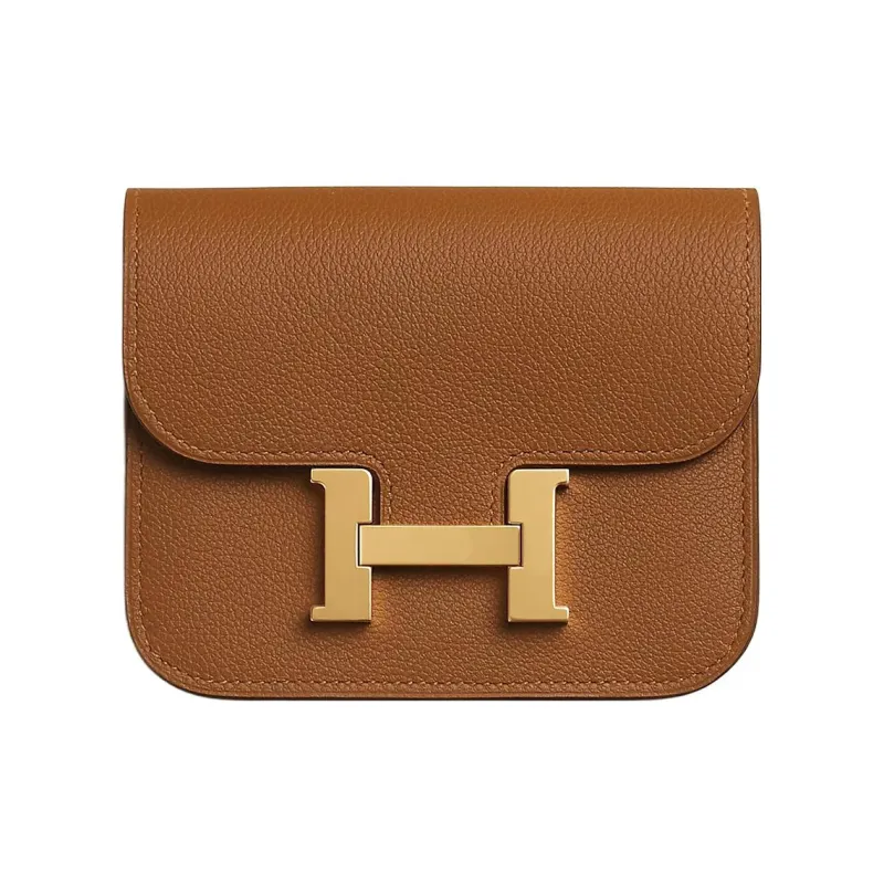 HERMES Constance Slim Evercolor Calfskin Card Holder Coin Purse Fanny Pack Women's Gold Brown/Bubble Green-0