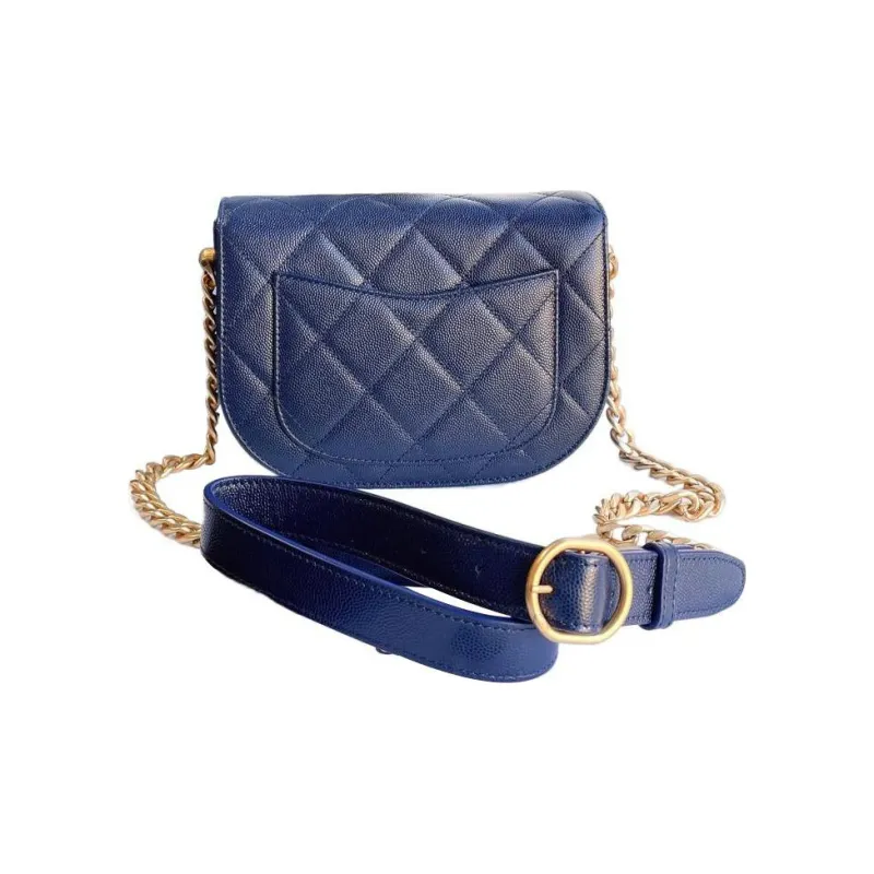 CHANEL Embossed Calfskin With Grains Saddle Bag Messenger Bag Shoulder Bag Crossbody Bag Small Size Women's Blue-1