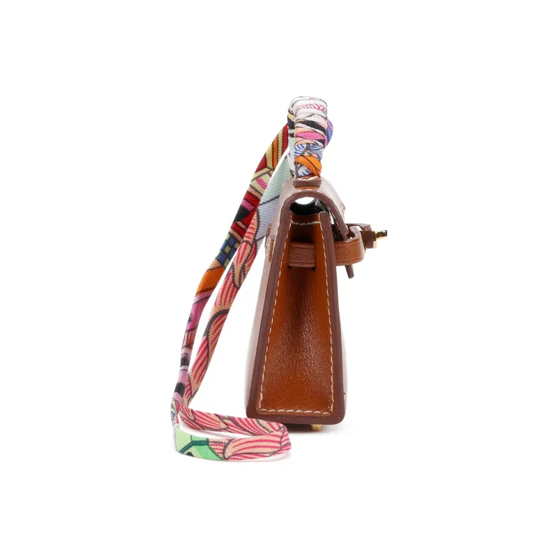 HERMES Kelly Twilly Tadelakt Bullock Leather Pendant Bag Accessory Unisex Gold Brown-2