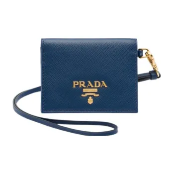 PRADA Saffiano Leather Lanyard Wallet Card Holder Women's Dark Purple Blue