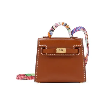 HERMES Kelly Twilly Tadelakt Bullock Leather Pendant Bag Accessory Unisex Gold Brown