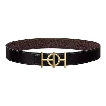HERMES H Logo Gold Buckle Togo Calfskin Double-Sided Leather Belt Men's Black Width: 3.8cm