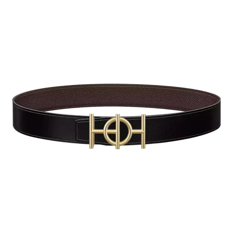 HERMES Togo H Logo Gold Buckle Togo Calfskin Double Sided Leather Belt Men's Black Width 3.8cm-0