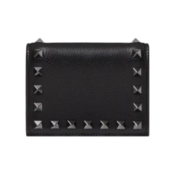 Valentino Rockstud Grain Calfskin Card Holder, Wallet Small Size Women's Black