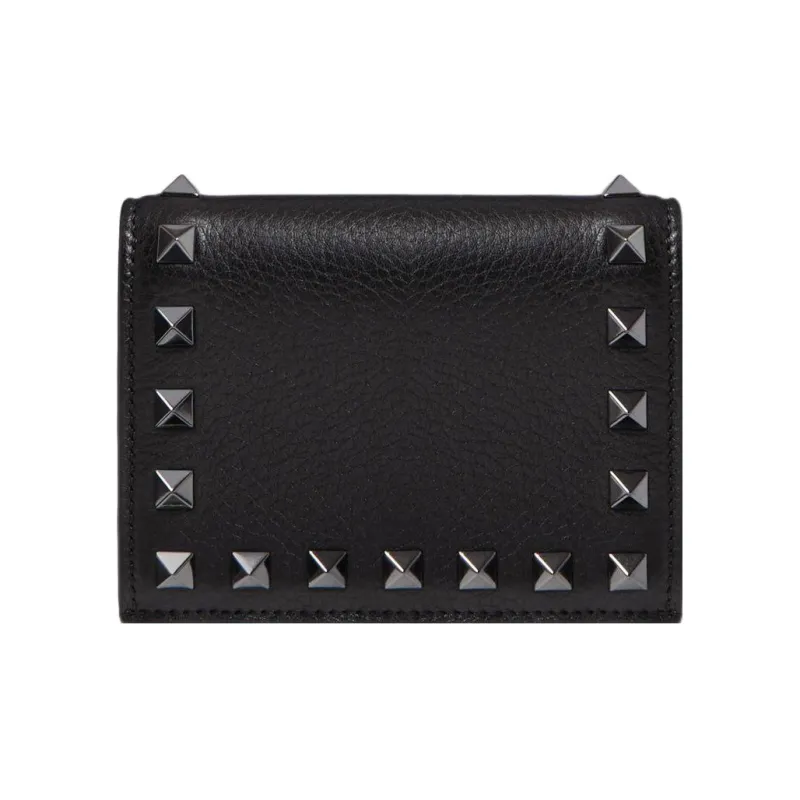 Valentino Rockstud Grain Calfskin Card Holder, Wallet Trumpets Women's Black-0