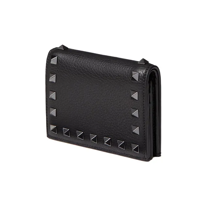Valentino Rockstud Grain Calfskin Card Holder, Wallet Trumpets Women's Black-1