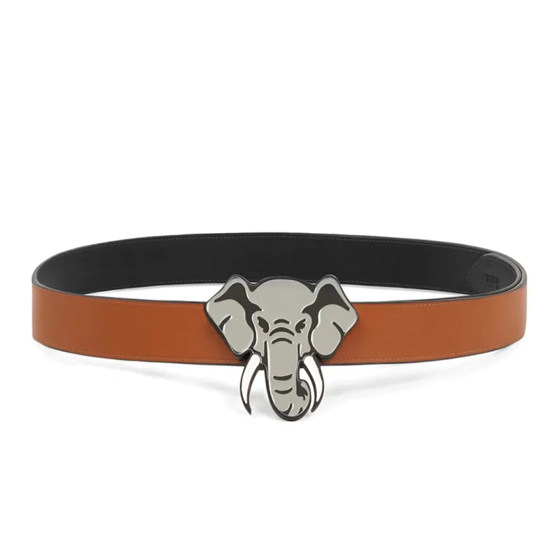 KENZO Fashion Elephant Pattern Smooth Buckle Belt Unisex Black/Brown Width: 4cm-1