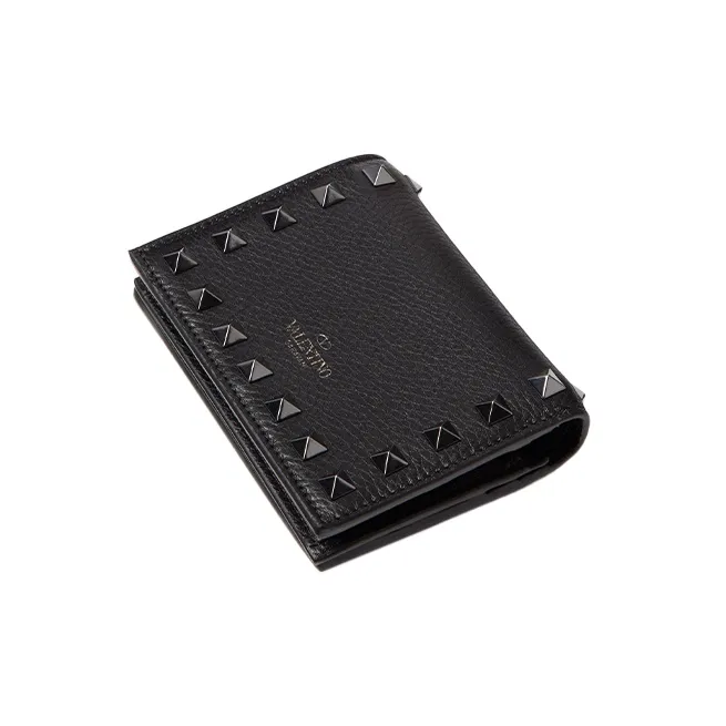 Valentino Rockstud Grain Calfskin Card Holder, Wallet Trumpets Women's Black-2