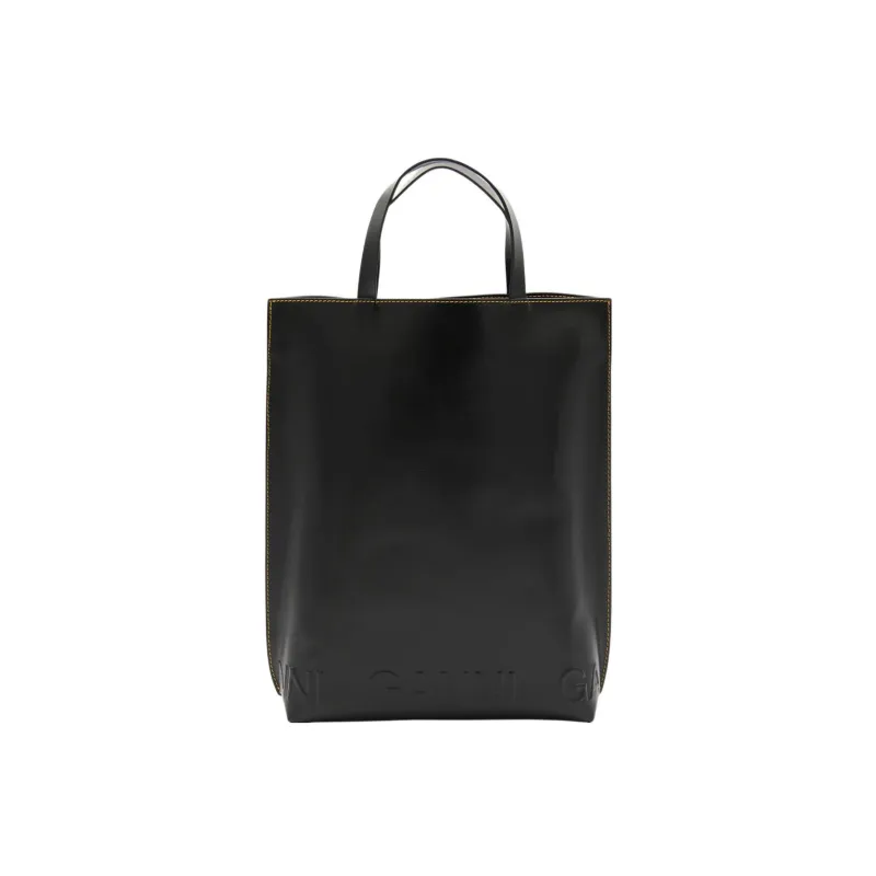 GANNI Leather Tote Bag Shopping Bag Handbag Medium Size Women's Black-0