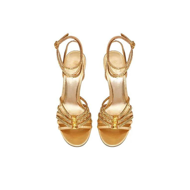 Valentino Rockstud Strappy Studded Chain One Strap Sandals 10cm Women's Gold-3