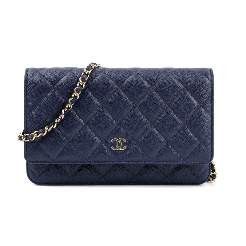 CHANEL WOC Grain Embossed Caviar Cow Leather Shoulder Bag, Crossbody Bag Women's Navy Blue-0