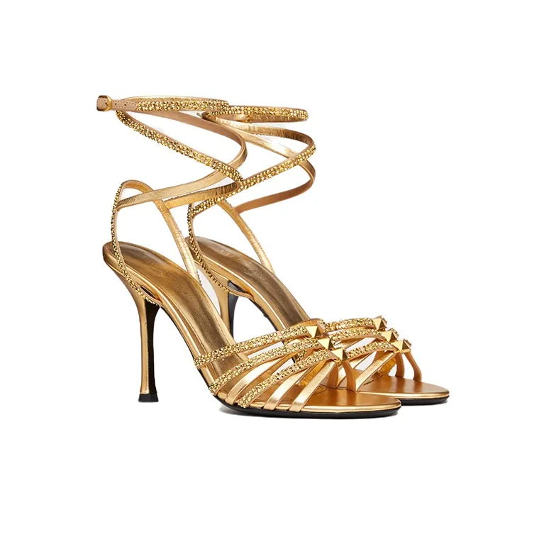 Valentino Rockstud Strappy Studded Chain One Strap Sandals 10cm Women's Gold-2