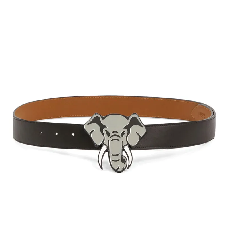 KENZO Fashion Elephant Pattern Smooth Buckle Belt Unisex Black/Brown Width: 4cm-0