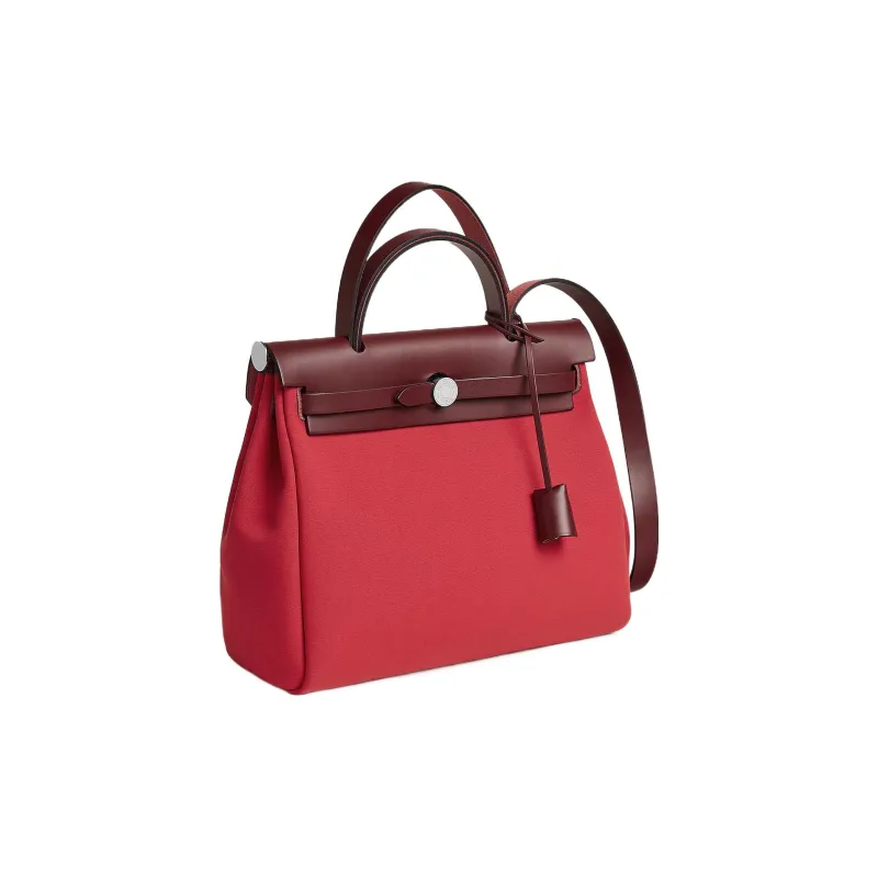 HERMES Herbag Officier Canvas With Hunter Cow Leather Handbag Shoulder Bag Crossbody Bag Women's Dujuan Red/Hermes Red-1