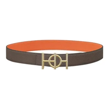 HERMES Togo Gold Buckle Togo Calfskin Double Sided Leather Belt Men's Tin Gray/Orange Width 3.8cm