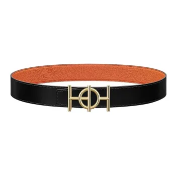 HERMES H Logo Gold Buckle Togo Calfskin Double-Sided Leather Belt Men's Black/Orange Width: 3.8cm