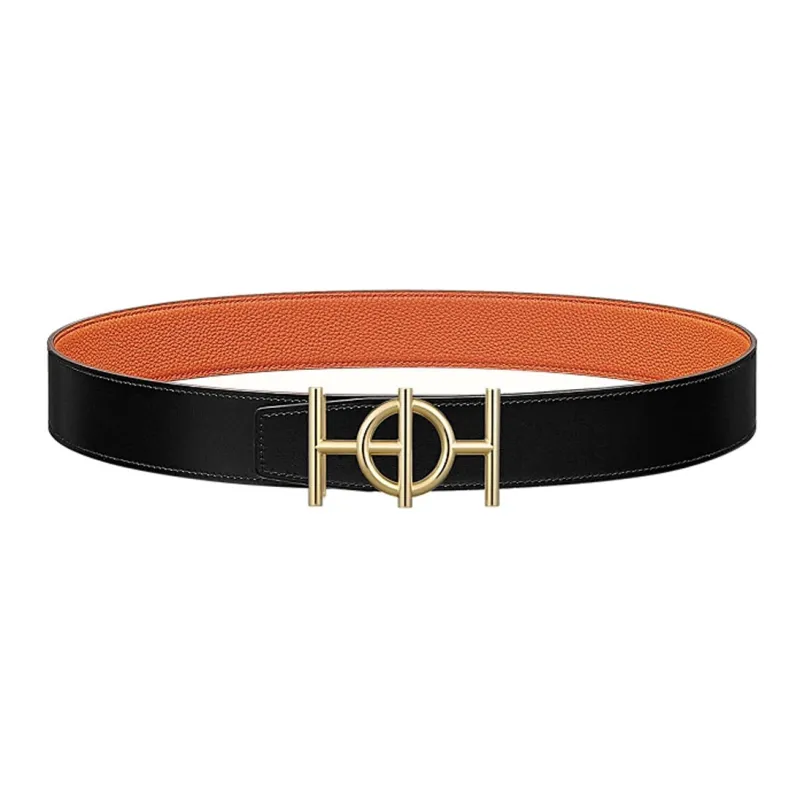 HERMES Togo H Logo Gold Buckle Togo Calfskin Double Sided Leather Belt Men's Black/Orange Width 3.8cm-0