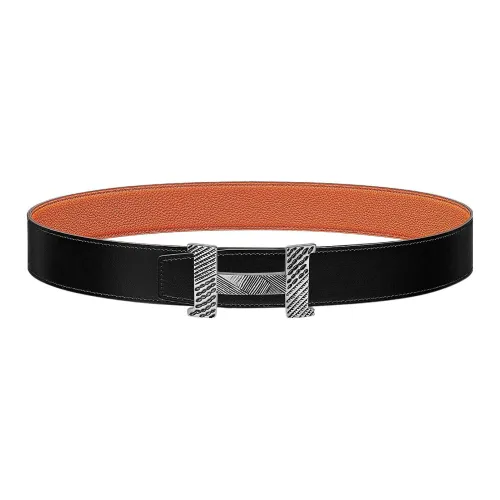 HERMES Constance Leather Belts Men Black/Orange