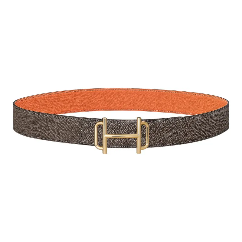 HERMES Minimalist Style Royal Gold Buckle Epsom Calfskin Double-Sided Leather Belt Men's Tin Gray/Orange Width: 3.8cm-0