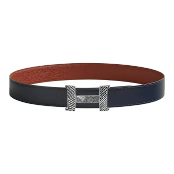 HERMES Constance Touareg Silver Buckle Togo Calfskin Double Sided Leather Belt Men's Marine Blue/Ochre Red Width 3.8cm