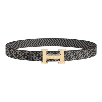HERMES Individual Letter Logo Gold Buckle, Nylon Mesh Double Sided Waist Men's Black/Gray Width 3.2cm