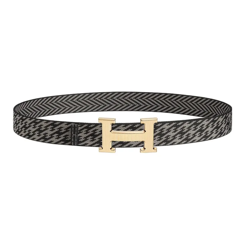 HERMES Individual Letter Logo Gold Buckle, Nylon Mesh Double Sided Waist Men's Black/Gray Width 3.2cm-0