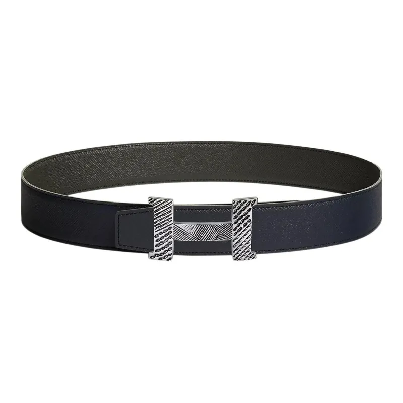 HERMES Constance Touareg Silver Buckle Epsom Calfskin Double-Sided Leather Belt Men's Indigo/Grey Green Width: 3.8cm-0
