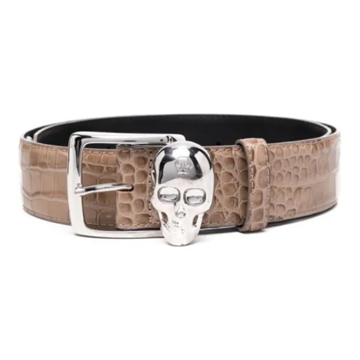 PHILIPP PLEIN Skeleton Pattern Pin Buckle Belt Men's Brown Width 4cm-1