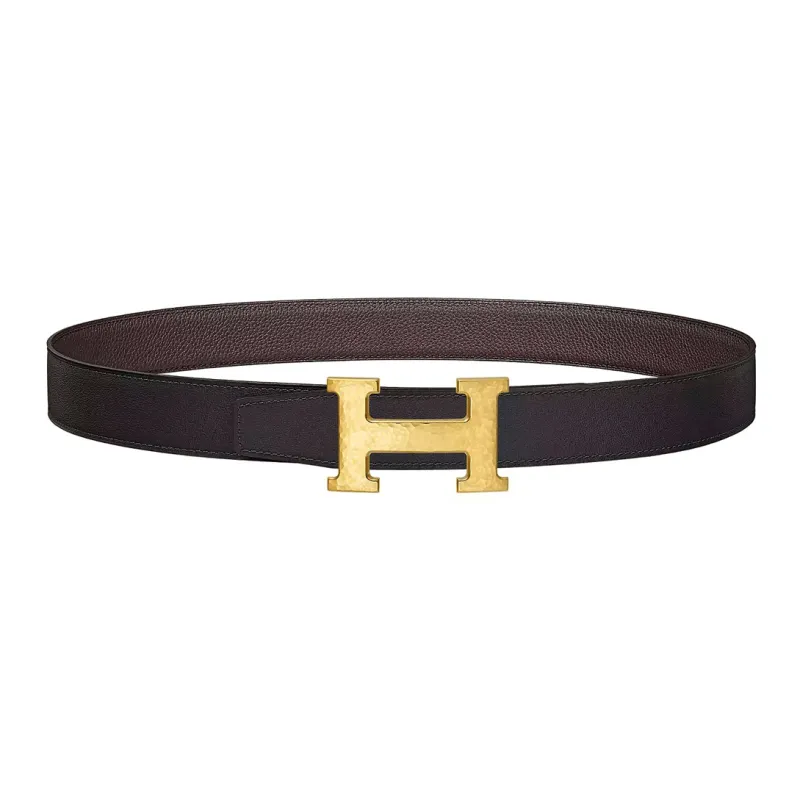 HERMES Minimalist Style Casual Fashion Trend Gold Buckle Epsom Calfskin Belt Men's Black/Dark Brown Width: 3.2cm-0