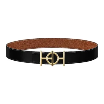 HERMES Double-Sided H Logo Gold Buckle Togo Calfskin Double-Sided Leather Belt Men's Black/Brown Width: 3.8cm