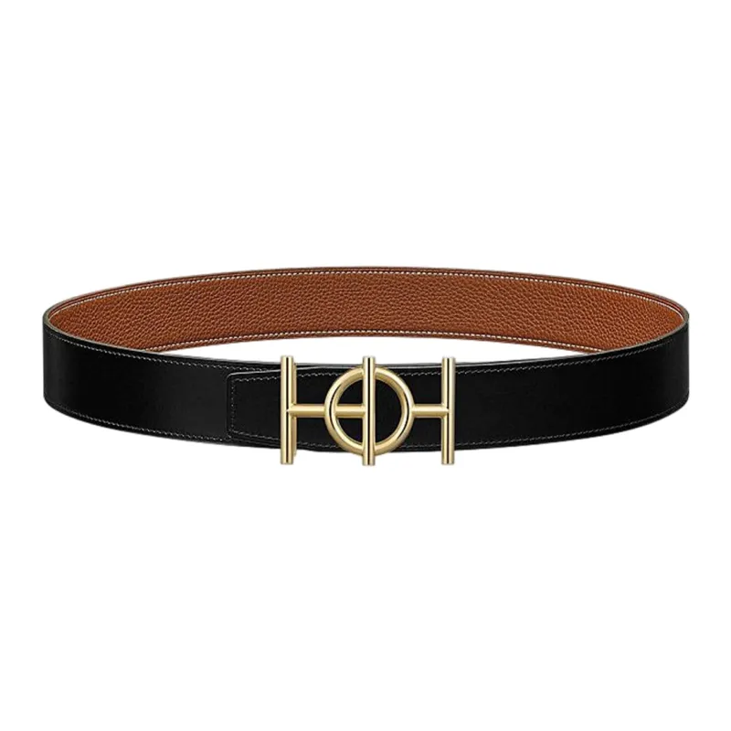 HERMES Togo Double Sided H Logo Gold Buckle Togo Calfskin Double Sided Leather Belt Men's Black/Brown Width 3.8cm-0