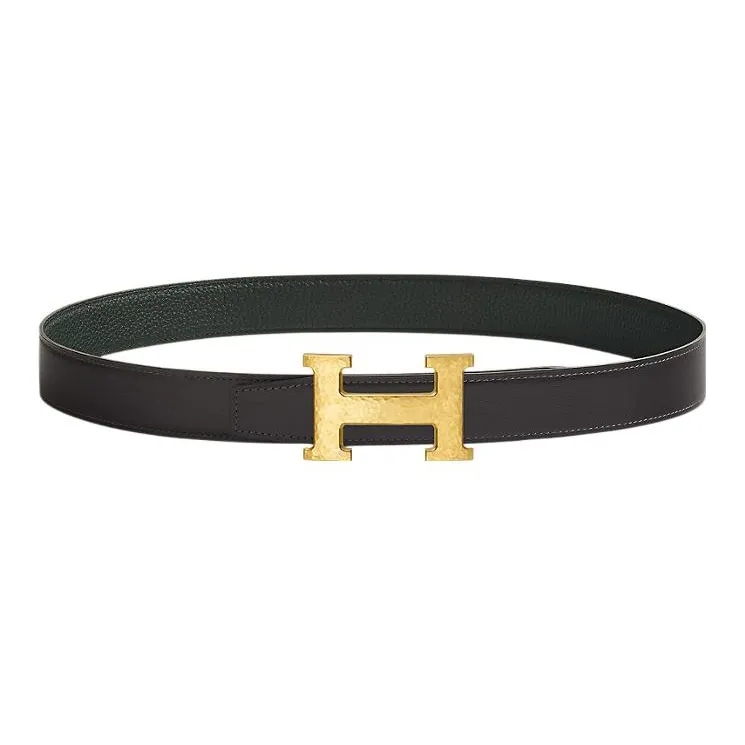 HERMES H Martelee Minimalist Style Fashion Gold Buckle Togo Calfskin Double Sided Leather Belt Men's Brown Width 3.2cm-0